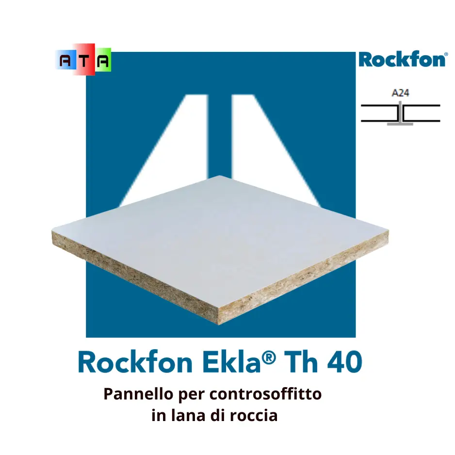 Rockfon TH40 A24, spess. 4 cm 60 x 60 cm. è un pannello lana di roccia con assorbimento acustico eccezionale, superficie a vista velo verniciato bianco, struttura a vista.