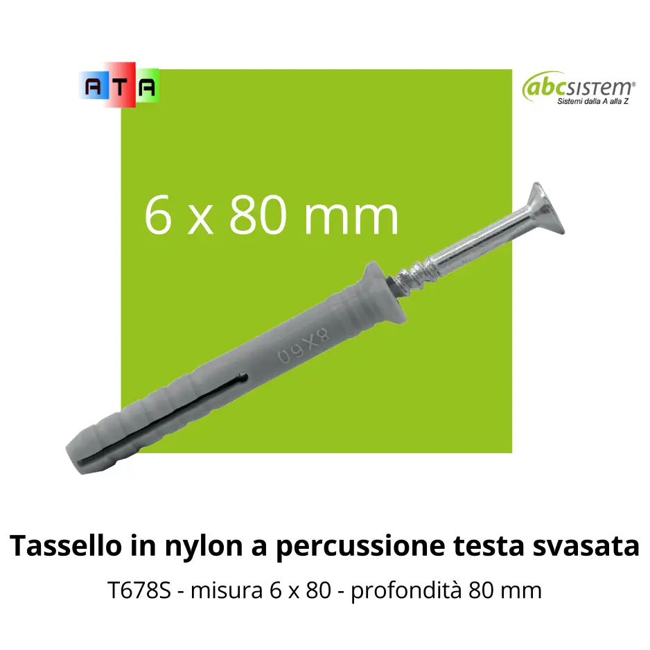 ABCSISTEMTasselloinnylonapercussionetestasvasata6x80mm Applicazioni Termiche ed Acustiche ABC SISTEM Tassello in nylon a percussione testa svasata – 6 x 80 mm